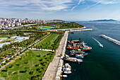 Aerial view of boats and park in Maltepe district on the Marmara Sea coast of the Asian side of Istanbul,Turkey