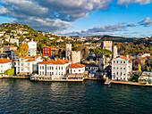 Aerial view of anatolian fortress overlooking the bosphorus with scenic hills and urban buildings,Anadolu Hisari,Turkey