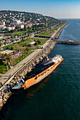 Aerial view of shipwreck and park in Maltepe district on the Marmara Sea coast of the Asian side of Istanbul,Turkey