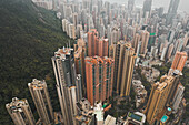 Aerial view of many colourful apartment buildings on Hong Kong island