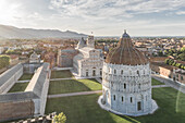 Aerial view of leaning tower of Pisa at sunrise in Italy