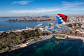 Aerial view of paramotor flying near Kalamis Marina on the Marmara Sea coast of the Asian side of Istanbul,Turkey