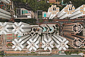 Aerial view of tall apartments in a unique perspective in Hong Kong