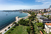 Aerial view of beach and park in Caddebostan district on the Marmara Sea coast of the Asian side of Istanbul,Turkey