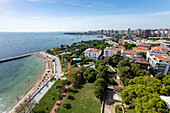 Aerial view of beach and park in Caddebostan district on the Marmara Sea coast of the Asian side of Istanbul,Turkey