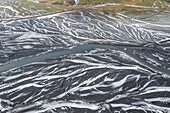 Aerial view of a river estuary with snow in wintertime,Iceland