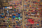 Aerial view of people working and trading at Rahman market along Karnaphuli river,Chittagong,Bangladesh