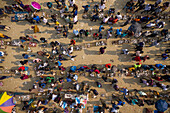Aerial view of people working and trading at Rahman fish market along Karnaphuli river,Chittagong,Bangladesh