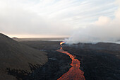 Aerial view of a lava river during the eruption in Iceland
