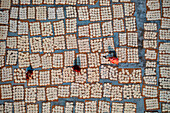 Aerial view of Women at work on the preparation of natural fabric,Barga,Rajshahi,Bangladesh