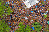 Aerial view of people in a local market,people trading cows at cattle selling point in Dupchanchia,Rajshahi state,Bangladesh