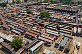 Dhaka,Bangladesh - 18 May 2020: Aerial view of Mohakhali,a bus terminal station and parking lot of autobus in Dhaka,Bangladesh