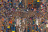 Aerial view of people working and trading at Rahman fish market along Karnaphuli river,Chittagong,Bangladesh