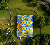 Aerial view of colorful geometric art installation at Fringe Festival,North Berwick,Scotland