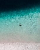 Aerial view of two people floating at Lake McKenzie,Fraser Island,Australia. Top down perspective