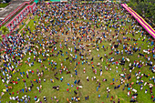 Dhunat,Bangladesh - 31 July 2020: Aerial view of people trading at local cattle market,Rajshahi province,Bangladesh