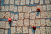 Aerial view of Women at work on the preparation of natural fabric,Barga,Rajshahi,Bangladesh