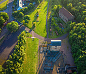 Aerial view of historic Prestongrange Museum surrounded by greenery and trees,Prestonpans,Scotland