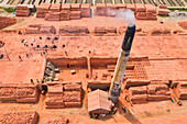 Dhamrai,Bangladesh - 26 March 2019: Aerial view of a few people working in a brick factory,Dhaka province,Bangladesh