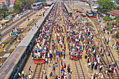 Gazipur,Bangladesh - 19 February 2019: Aerial view of a crowd of people at train station for a famous muslim festival in Dhaka province,Bangladesh