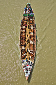 Aerial view of cattle squeezed on a boat crossing the river in Narayanganj,Bangladesh