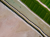 Aerial view of a salt mine with different hues of green and salt dividers running diagonally through the image,Western Australia. Top down perspective