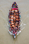 Narayanganj,Bangladesh - 19 July 2021: Aerial view of cattle squeezed on a boat crossing the river in Narayanganj,Bangladesh