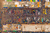 Aerial view of people working and trading at Rahman fish market along Karnaphuli river,Chittagong,Bangladesh
