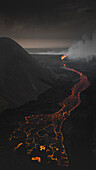 Aerial view of a lava river during the eruption in Iceland