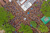 Aerial view of people in a local market,people trading cows at cattle selling point in Dupchanchia,Rajshahi state,Bangladesh