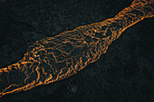 Aerial view of a lava river during the eruption in Iceland