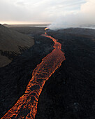 Aerial view of a lava river during the eruption in Iceland
