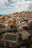 Aerial view of a soccer pitch and a little town,Las Coloradas,Spain