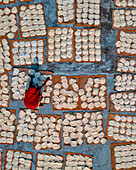 Aerial view of Women at work on the preparation of natural fabric,Barga,Rajshahi,Bangladesh