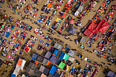 Aerial view of people working and trading at Rahman market along Karnaphuli river,Chittagong,Bangladesh