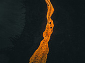 Aerial view of a lava river during the eruption in Iceland