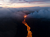 Aerial view of a lava river during the eruption in Iceland