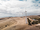 Aerial view of wind turbines on the hill at Starfish Hill Wind Farm along the coast facing St. Vincent Gulf in South Australia region,Australia