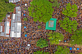 Aerial view of people in a local market,people trading cows at cattle selling point in Dupchanchia,Rajshahi state,Bangladesh