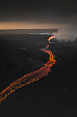 Aerial view of a lava river during the eruption in Iceland