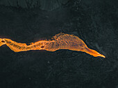 Aerial view of a lava river during the eruption in Iceland