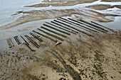 Aerial view of serene oyster farm with tranquil waters and coastal shoreline,Ullapool,United Kingdom