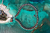 Aerial view of touristic bungalow of a luxury resort floating in the Ocean on Atoll Alifu Dhaalu,Alif Alif,Maldives