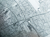 Aerial view of falling snow in the residential area Kingersheim,Mulhouse,Alsace,France