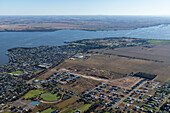 Aerial view of Yarrawonga with beautiful lake connewarre surrounded by residential areas and fields,Victoria,Australia
