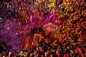 Nandgaon,India - 01 March 2023: Aerial view of people celebrating the holy colour festival at Shri And Baba Temple,Uttar Pradesh,India