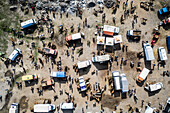 Aerial View of people at the market in Korce,a small town in Qark Korca state,Albania