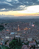 Aerial view of Siena old town with Piazza del Campo main square at sunset,Tuscany,Italy