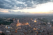 Aerial view of Siena old town with Piazza del Campo main square at sunset,Tuscany,Italy