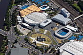 Aerial view of olympic park with modern architecture and sports complex,Melbourne Central Business District,Australia